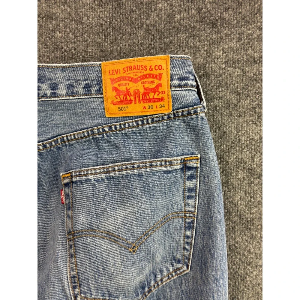 Levi's 501 Jeans Mens 36x34 Blue Light Wash Distressed Straight Leg Button Fly